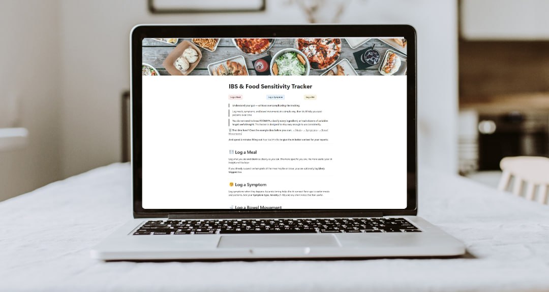 The IBS & Food Sensitivity Tracker open in Notion on a laptop